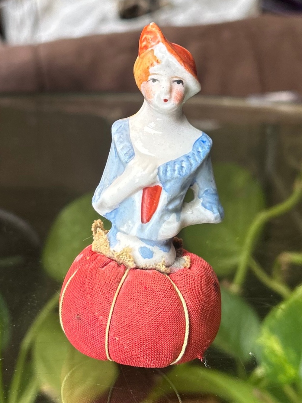 Vintage Porcelain Half Doll Red Pincushion Sewing Collectible